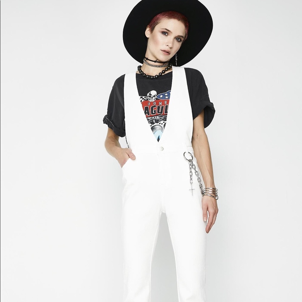 Dolls Kill White Plunging Denim Overalls